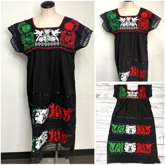 Mexican Embroidered Tricolor Peasant Traditional Black Dress One Size - Picture 1 of 12
